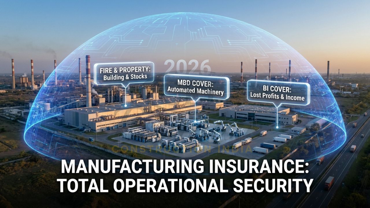 A professional visualization of a large Indian textile factory in Kanpur protected by a multi-layered digital insurance shield in 2026.