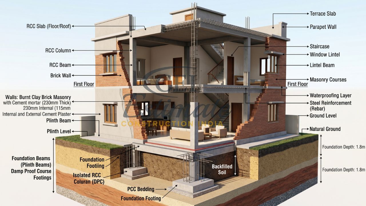 Detailed residential building structure diagram showing RCC slab beam column brick wall foundation footing and construction components