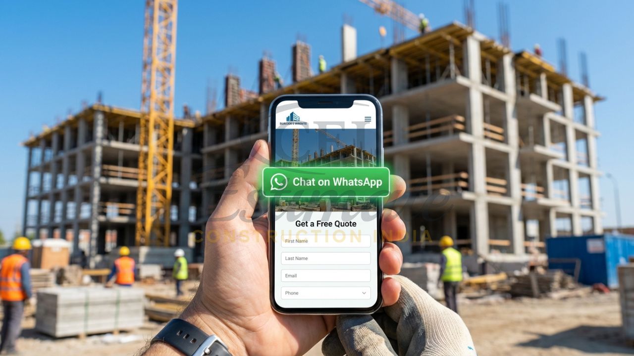 Mobile-friendly builder website with WhatsApp integration for lead generation.