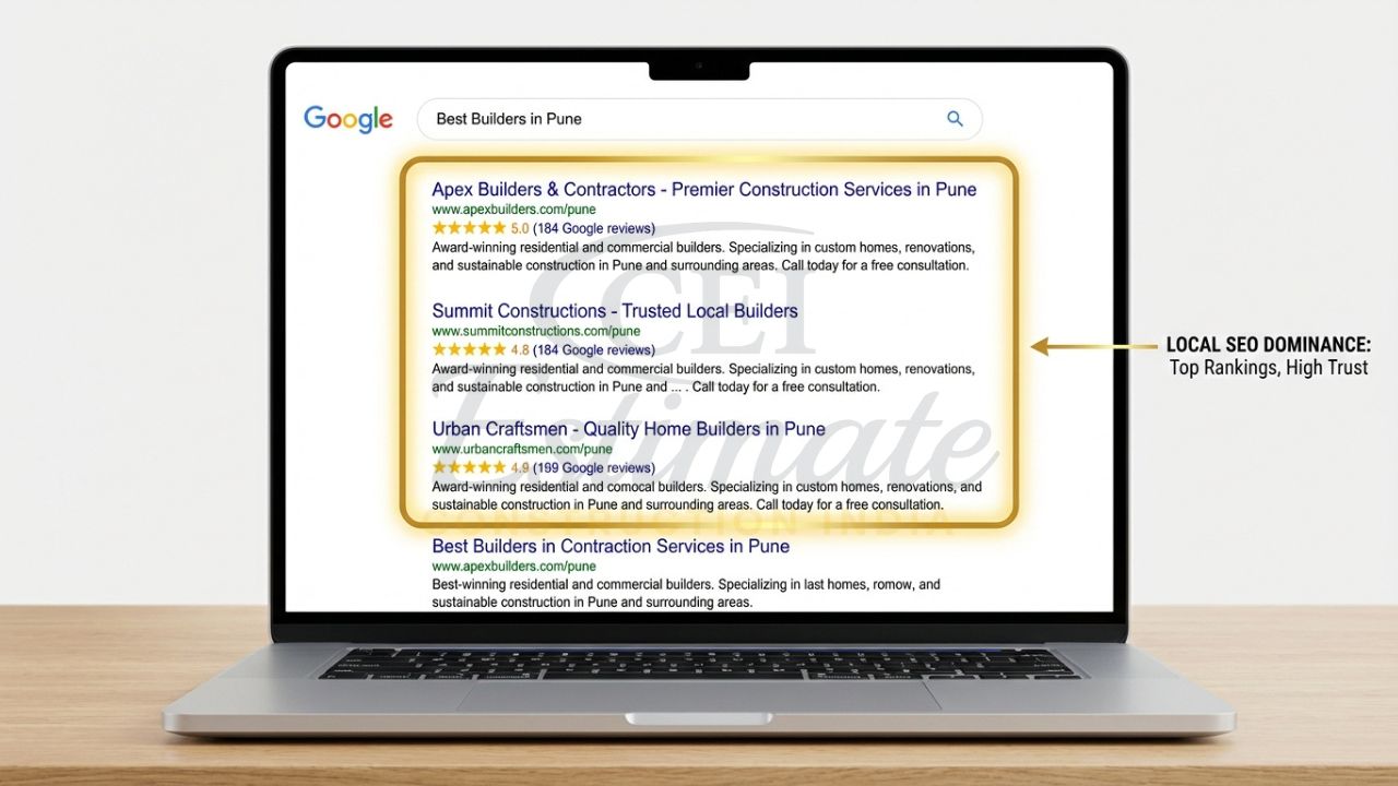 Google search results showing a construction website ranking #1 for local Indian keywords.