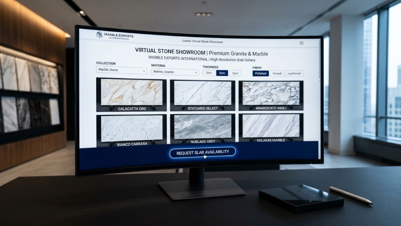 Marble and granite website design with virtual stone showroom slab gallery and product filter options