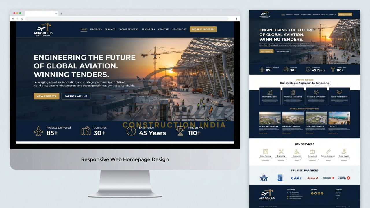 Airport construction and aviation company website homepage with global tenders projects portfolio and responsive design