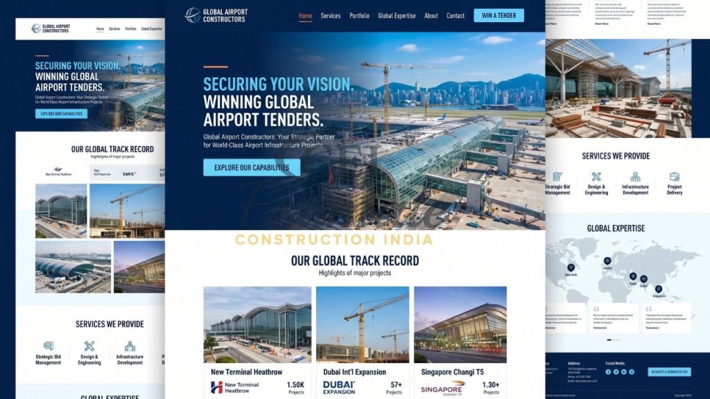 Airport construction company website design with global projects portfolio services and infrastructure development sections