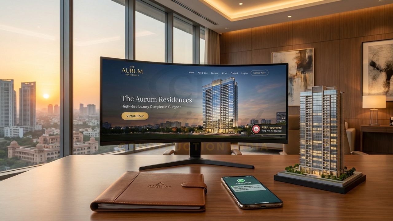 Professional website design for apartment projects in India showing 3D renders and RERA details.