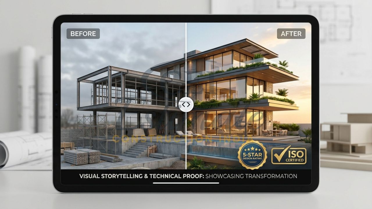 Interactive architectural portfolio website showing before-and-after project sliders.