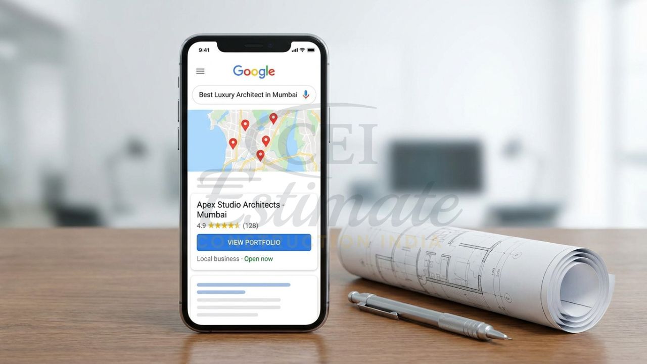 Google search results showing an architecture firm ranking #1 for premium design keywords.