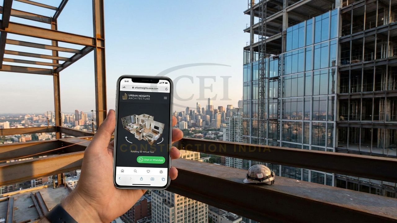 Mobile-friendly architecture website with virtual tours and WhatsApp integration.