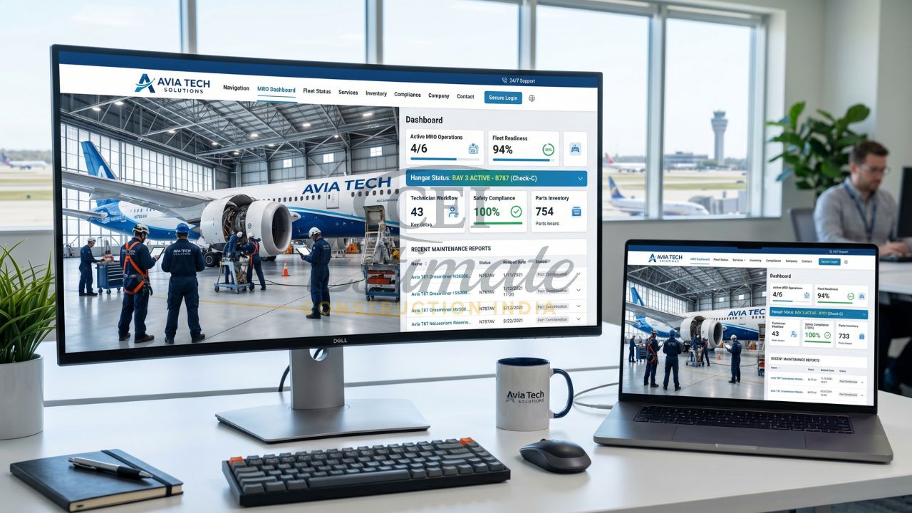 Aviation maintenance dashboard website design showing MRO operations, fleet status, and maintenance reports on desktop and laptop