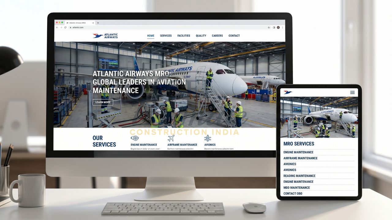 Aviation maintenance website design displayed on desktop and tablet showing aircraft MRO services, engine maintenance, and airframe services