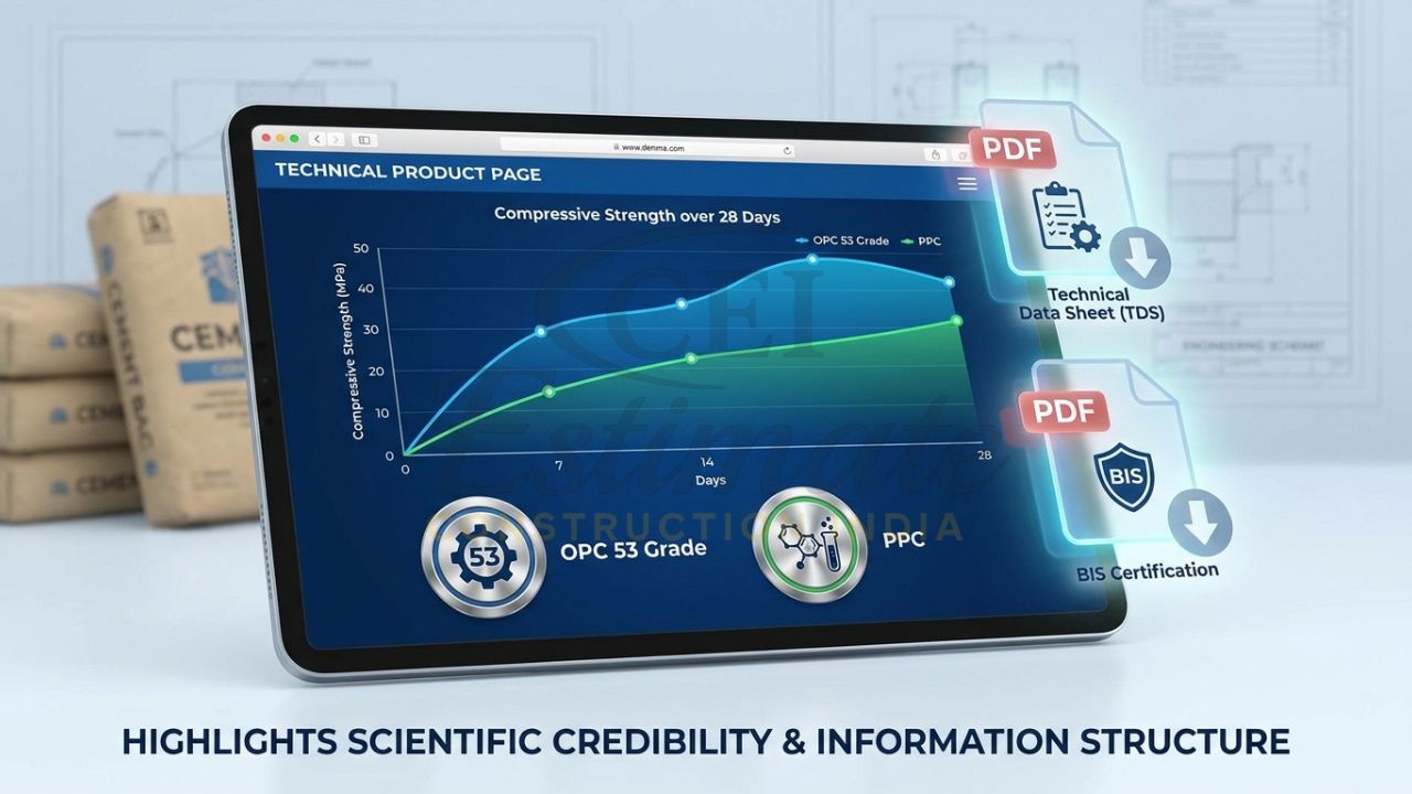 Cement company website product page with technical specifications and BIS certifications.