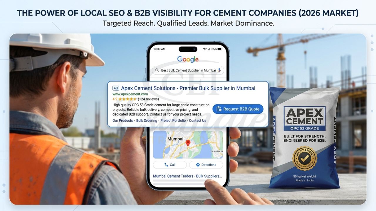 Google search results showing a cement manufacturer ranking #1 for bulk supply keywords.