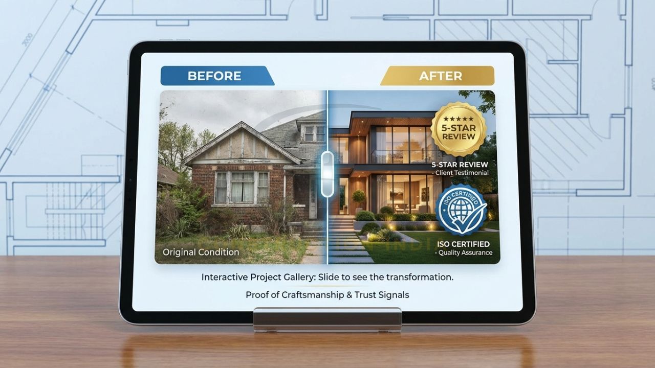 Construction project portfolio website showing before-and-after renovation sliders.