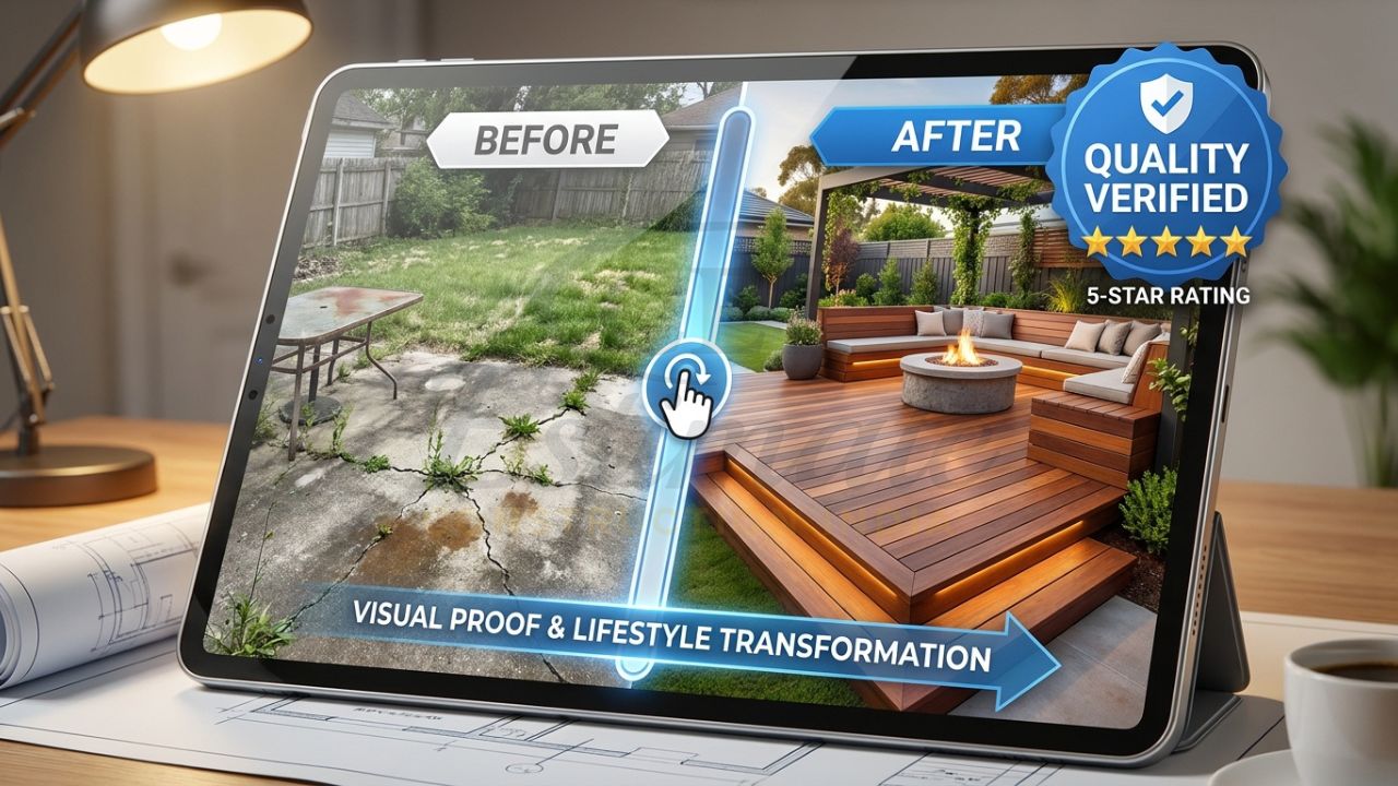 Deck builder project portfolio showing before-and-after outdoor renovation slider.