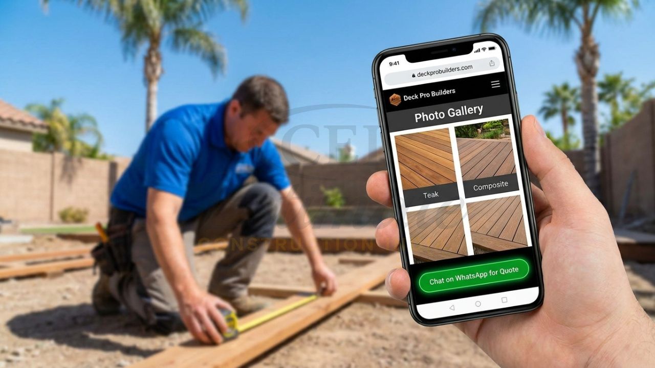 Mobile-friendly deck builder website with WhatsApp integration for outdoor project leads.