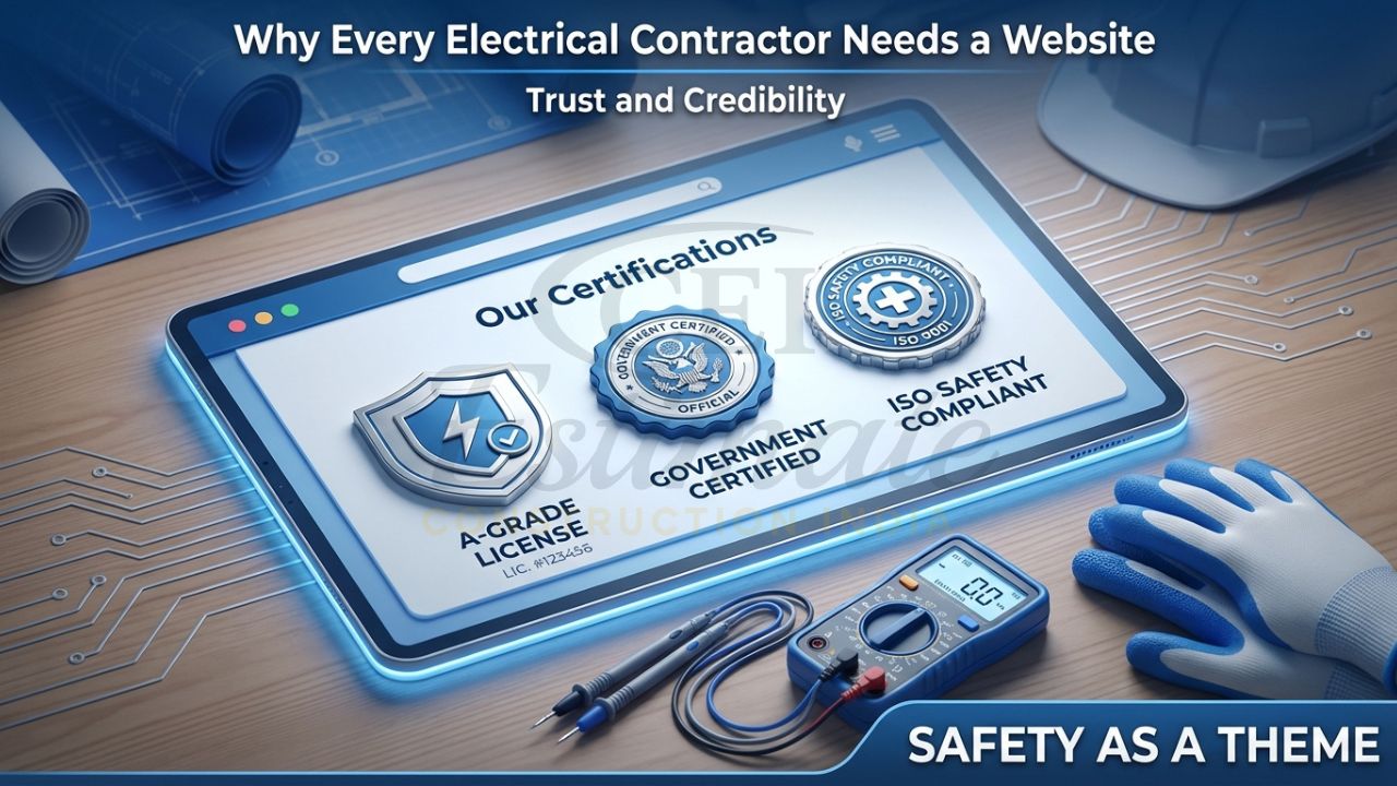 Electrical contractor website showcasing government licenses and safety certifications.