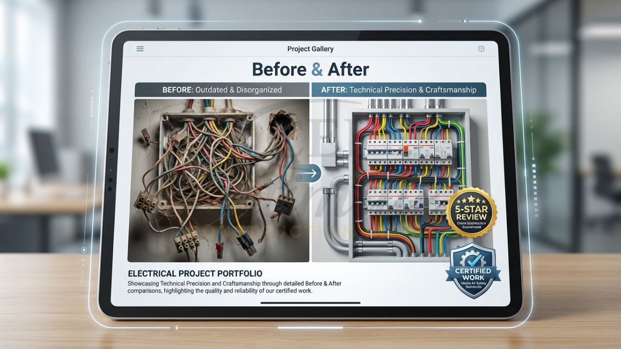 Electrical project portfolio showing neat DB dressing and wiring before-and-after.