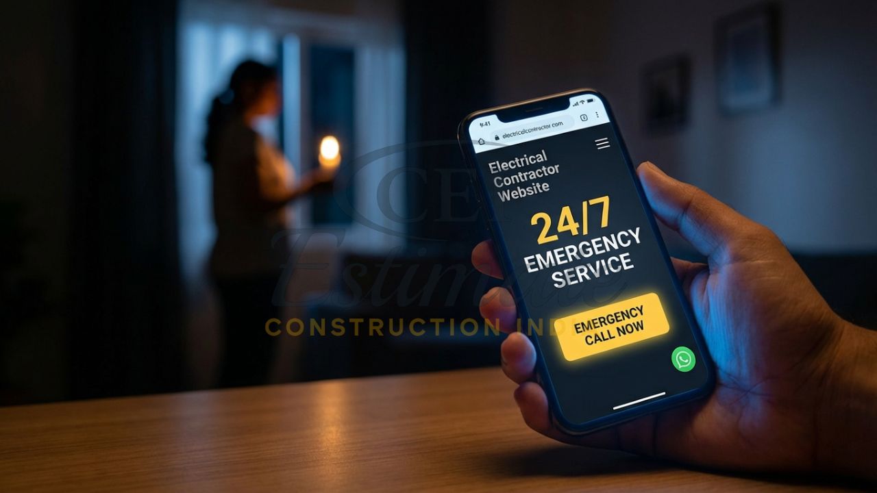 Professional electrical contractor website design in India with emergency call buttons.