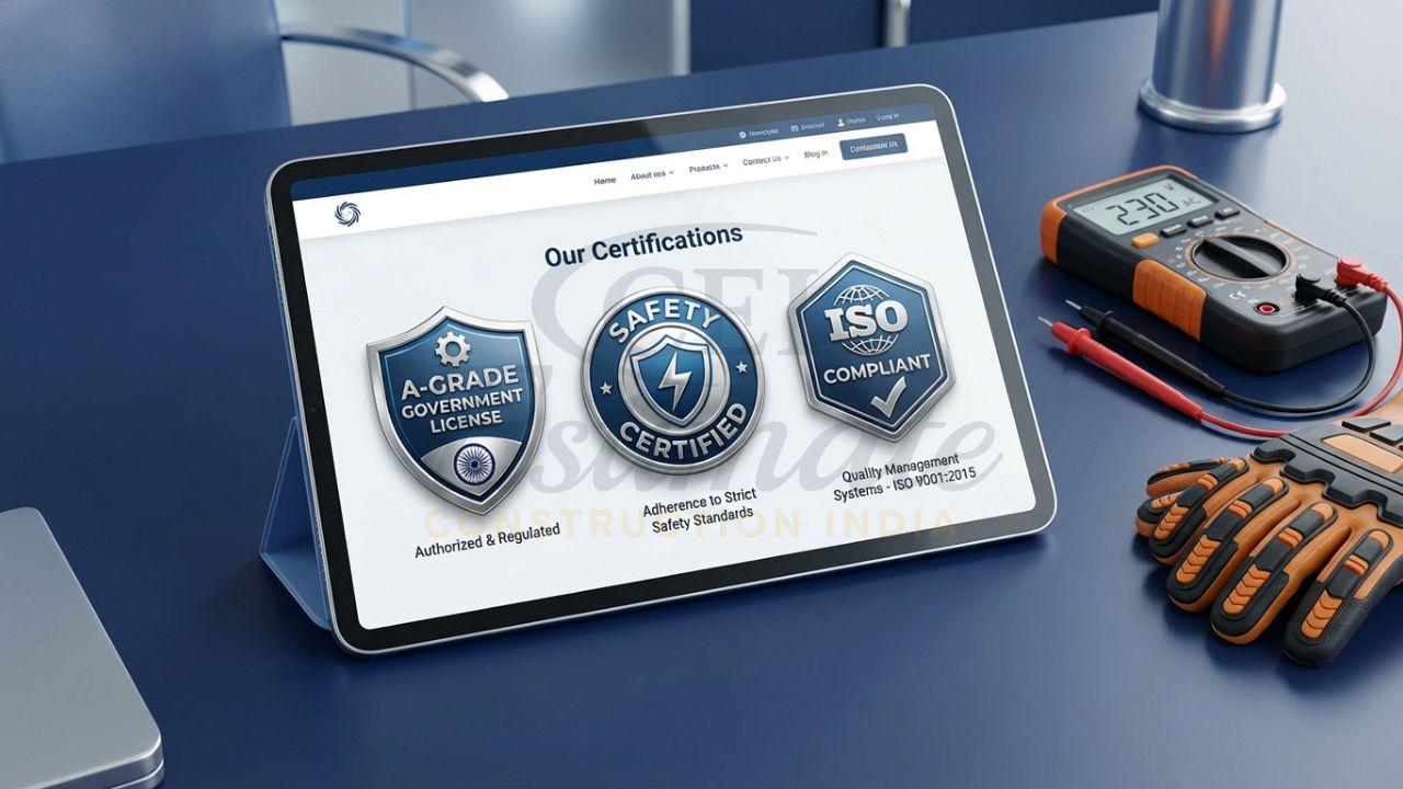 Electrician website showcasing government licenses and safety certifications.