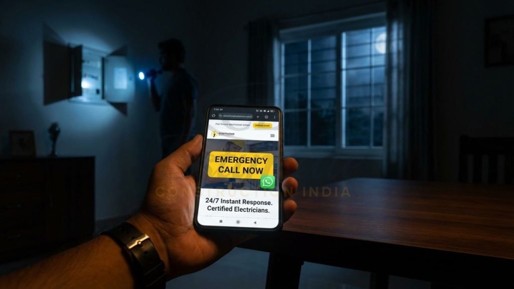 Professional electrician website design in India with emergency call-to-action buttons.