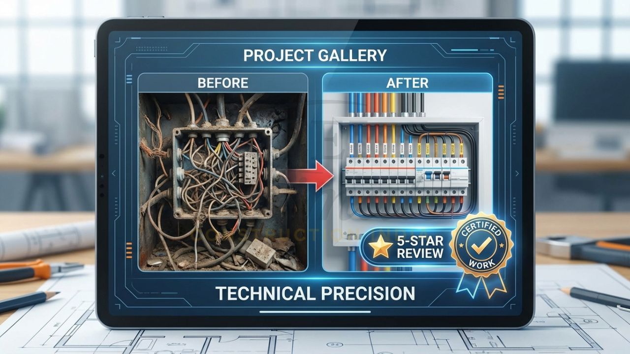 Electrical project portfolio showing neat DB dressing and wiring before-and-after.