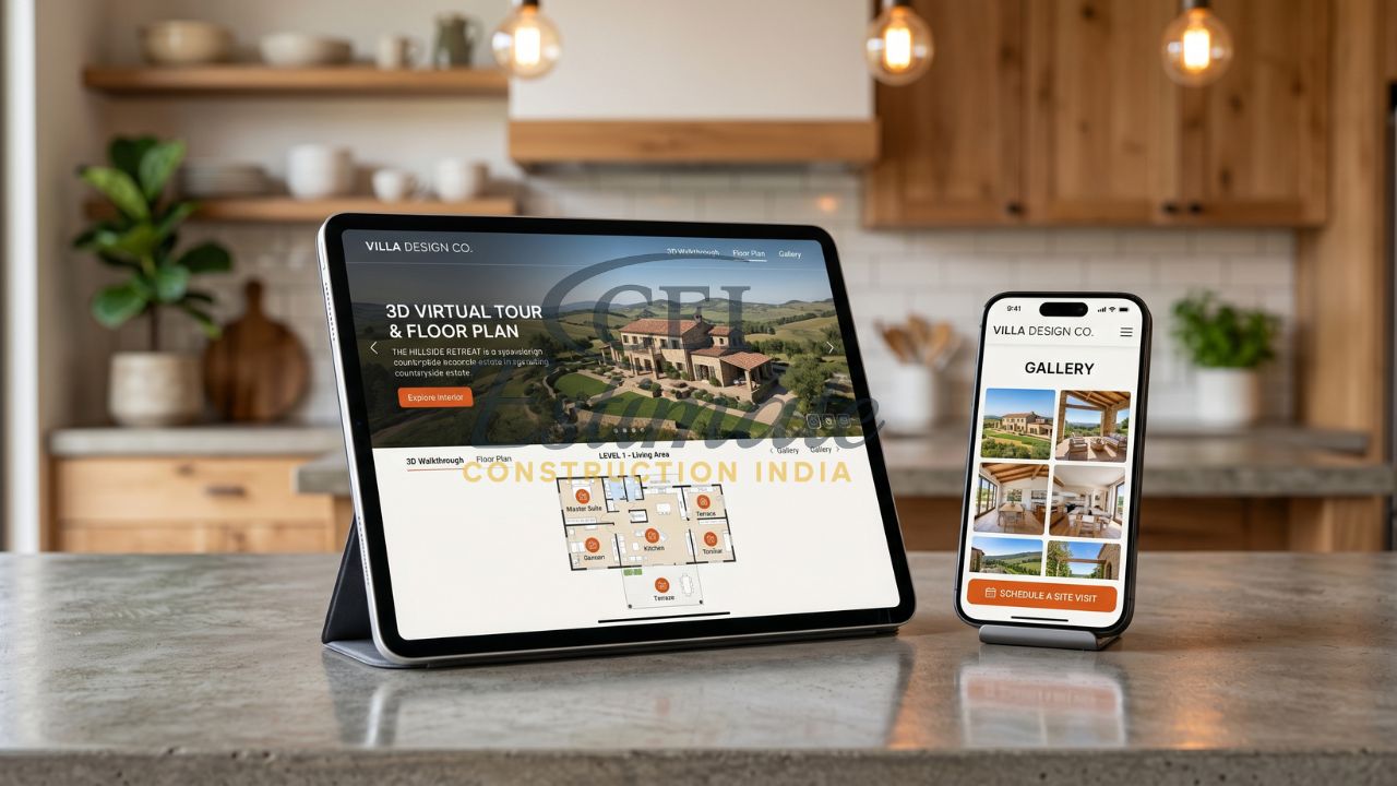 Villa design website with 3D virtual tour floor plan and gallery with schedule site visit CTA on mobile and tablet