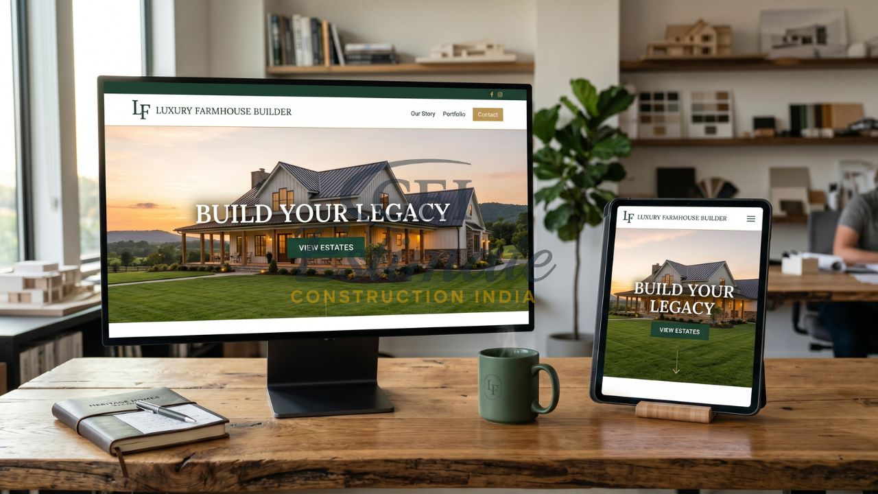 Luxury farmhouse builder website design displayed on desktop and tablet with portfolio and estimate call to action
