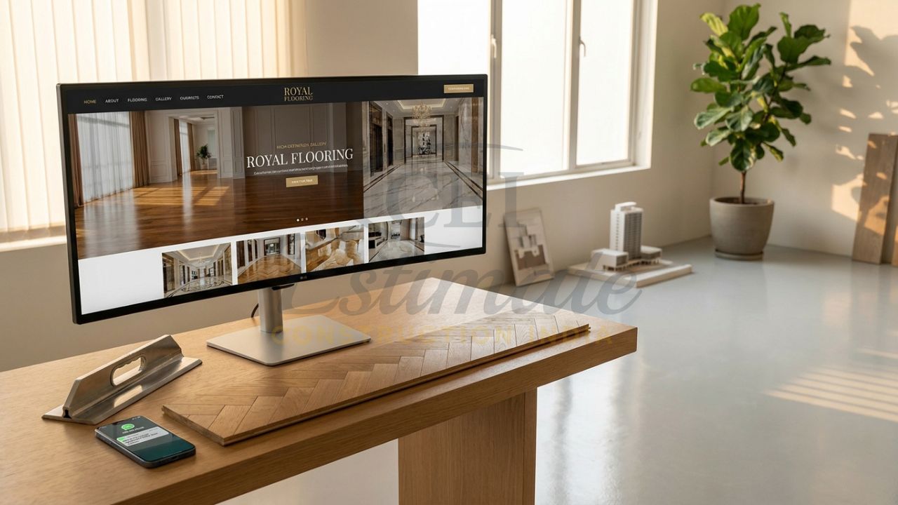 A professional flooring website on a computer screen showing high-quality wood and marble projects.