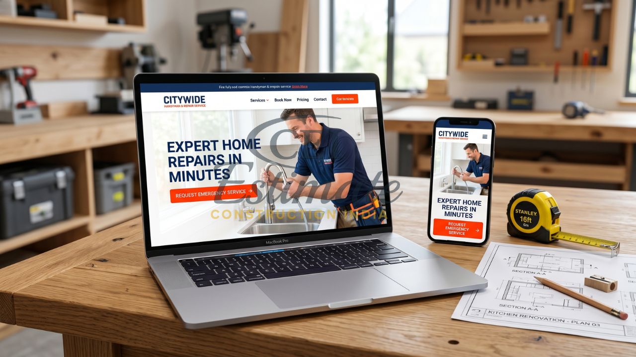 Handyman website design showing emergency home repair service on laptop and mobile with strong call-to-action