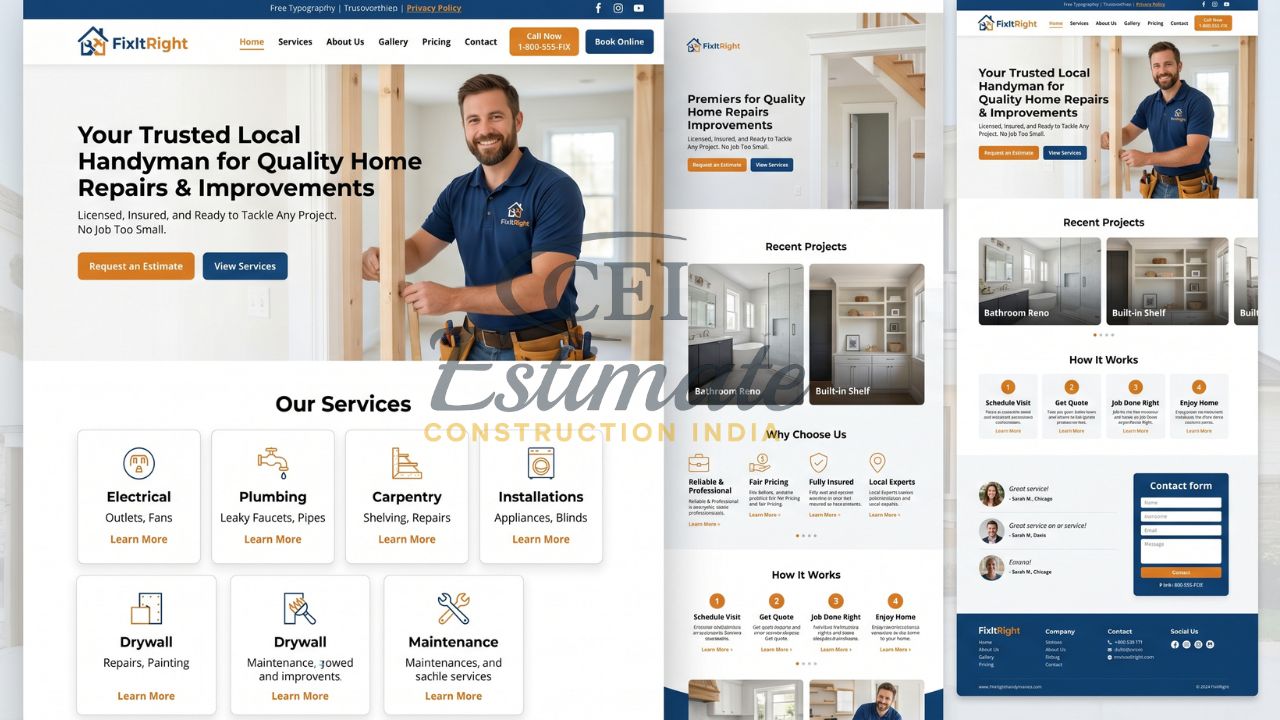 Handyman service website design showcasing home repair services, recent projects, and contact form layout