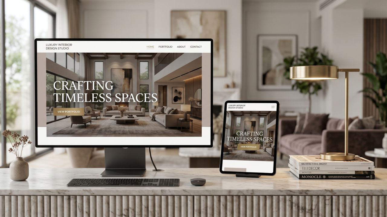 Luxury interior design website displayed on desktop and tablet with portfolio call to action in modern living room