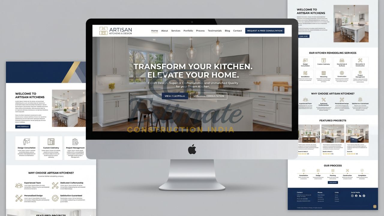 Kitchen remodeling website homepage showing modern kitchen design, services, portfolio, and consultation CTA