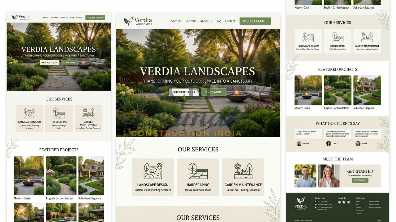 Landscaping website homepage design with services section portfolio gallery testimonials and modern UI layout