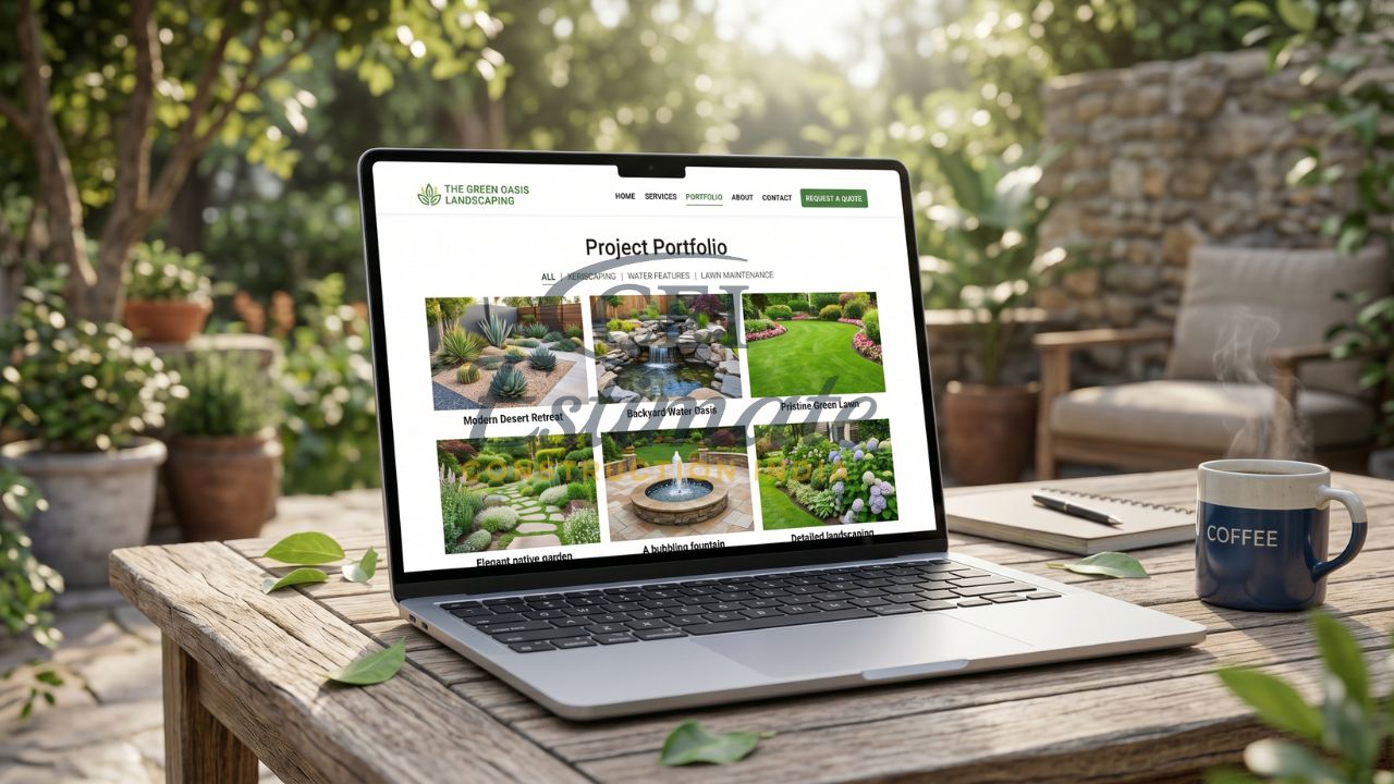 Landscaping website portfolio showcasing garden design projects, water features, and lawn maintenance
