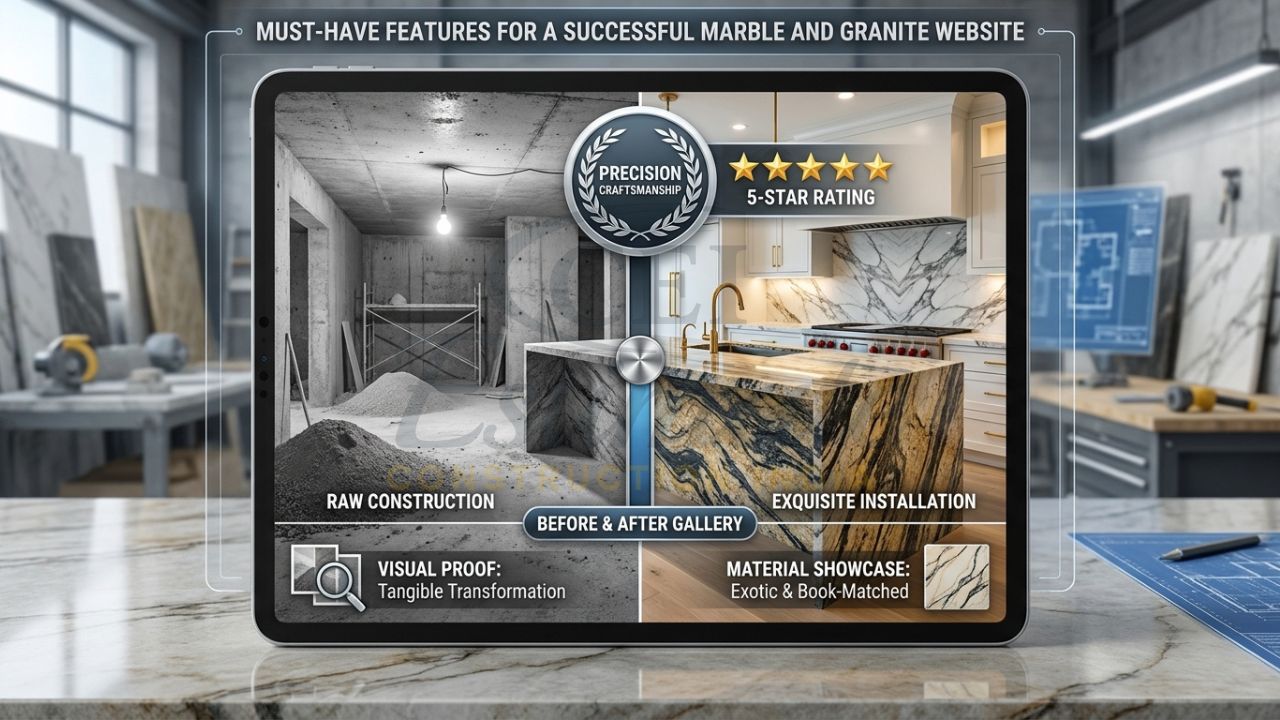 Before and after gallery on a stone contractor's website showing marble floor installation.
