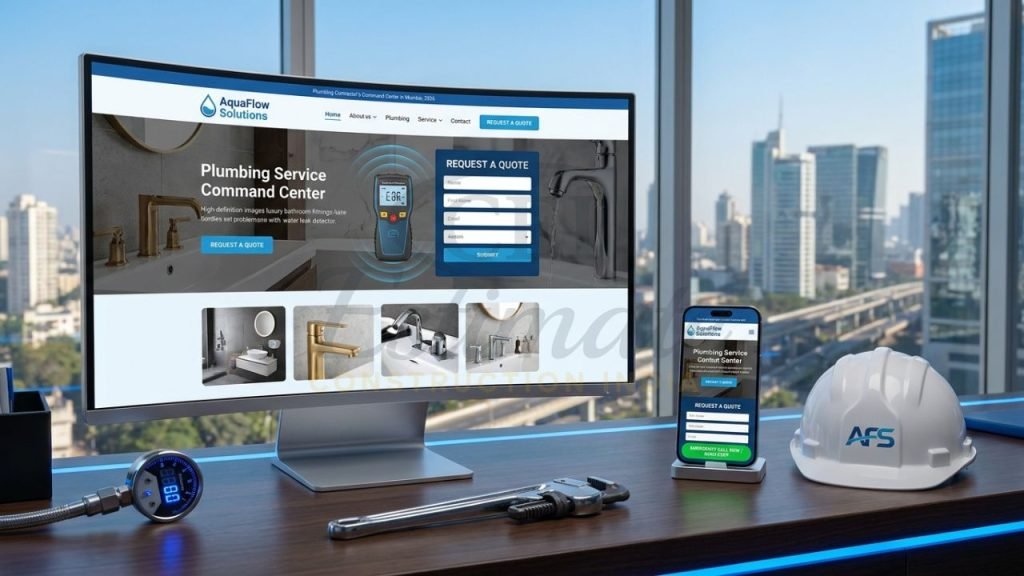 Professional website design for plumbers in India shown on desktop and mobile with an emergency call button.
