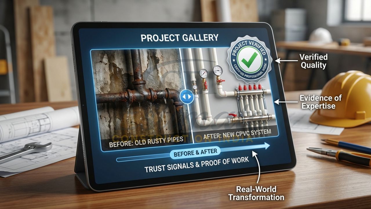 Digital project gallery for plumbing contractors showing before-and-after repair photos.