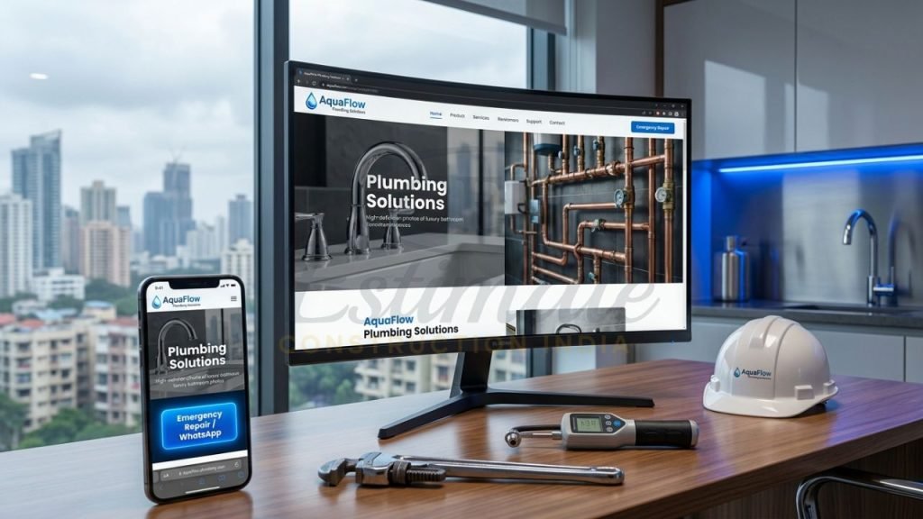 Professional website design for plumbers in India shown on desktop and mobile with an emergency WhatsApp booking button.