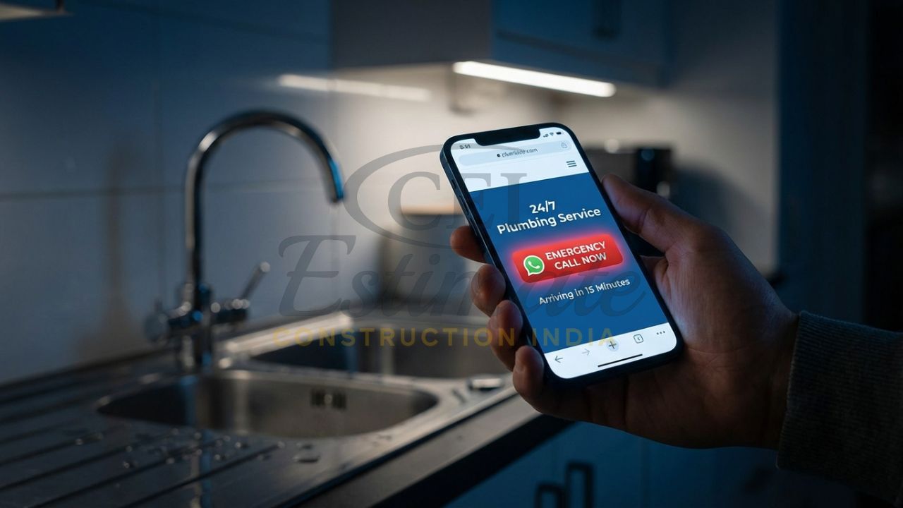 Professional plumbing website design for Indian contractors featuring emergency booking and WhatsApp integration.