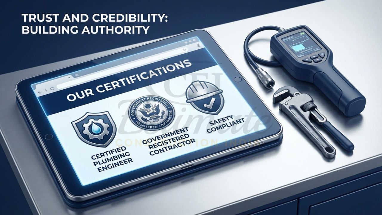 Plumbing contractor website showcasing certifications and professional credentials.