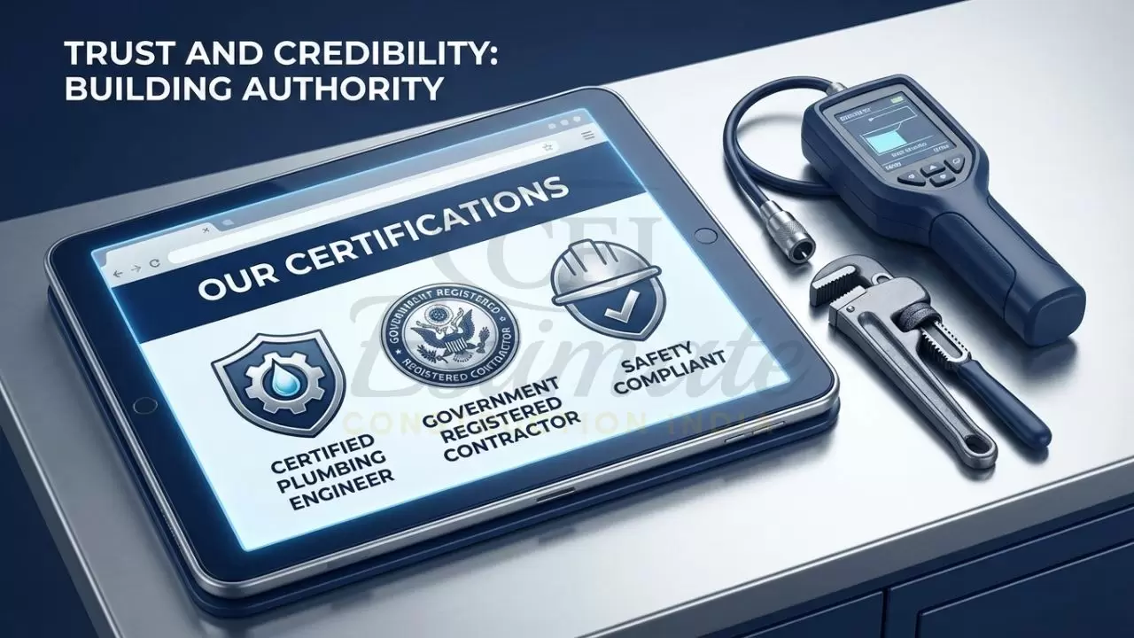 Plumbing contractor website showcasing certifications and professional credentials.
