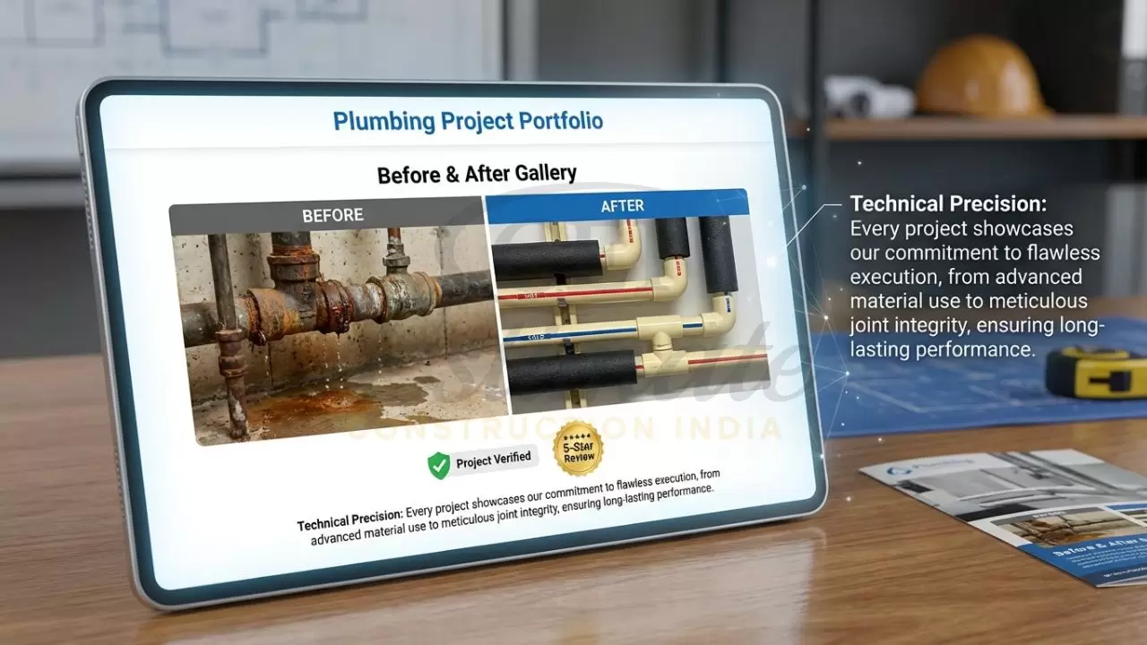 Plumbing project portfolio showing professional pipe installation before-and-after.