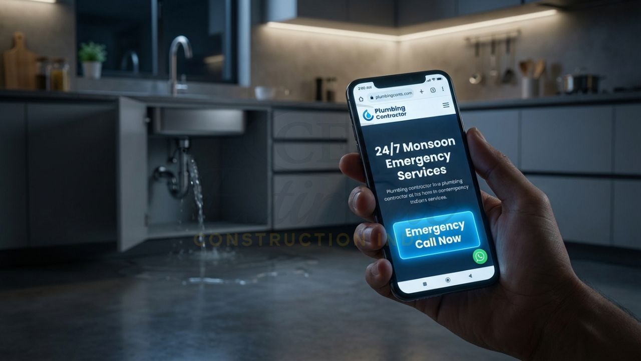 Professional plumbing contractor website design in India with emergency call-to-action buttons.