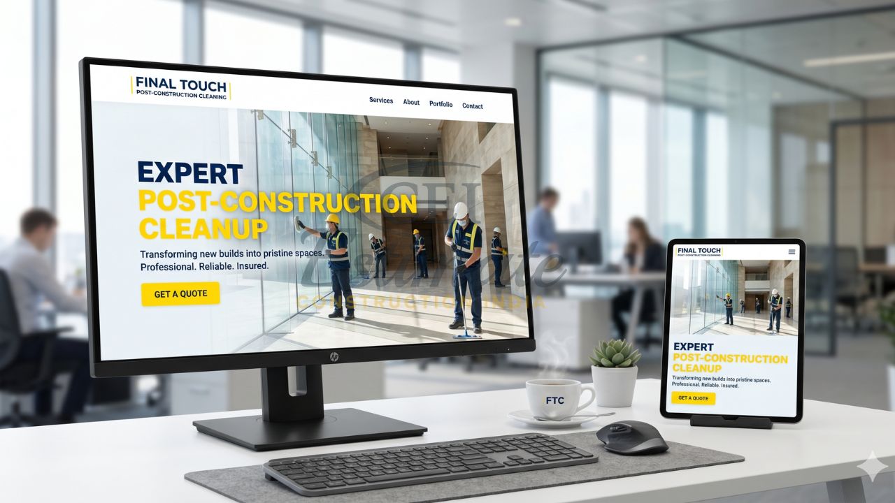 Post construction cleaning website design with hero section and call to action displayed on desktop and tablet
