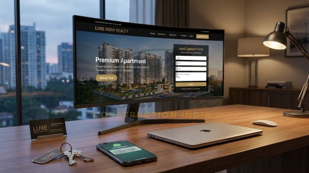 Professional website design for real estate agents in India showing luxury property listings and lead capture.
