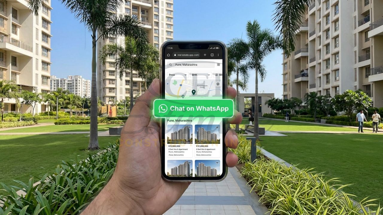 Mobile-friendly real estate website with property filters and WhatsApp chat button.