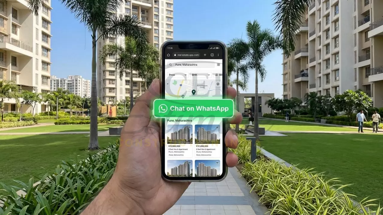 Mobile-friendly real estate website with property filters and WhatsApp chat button.