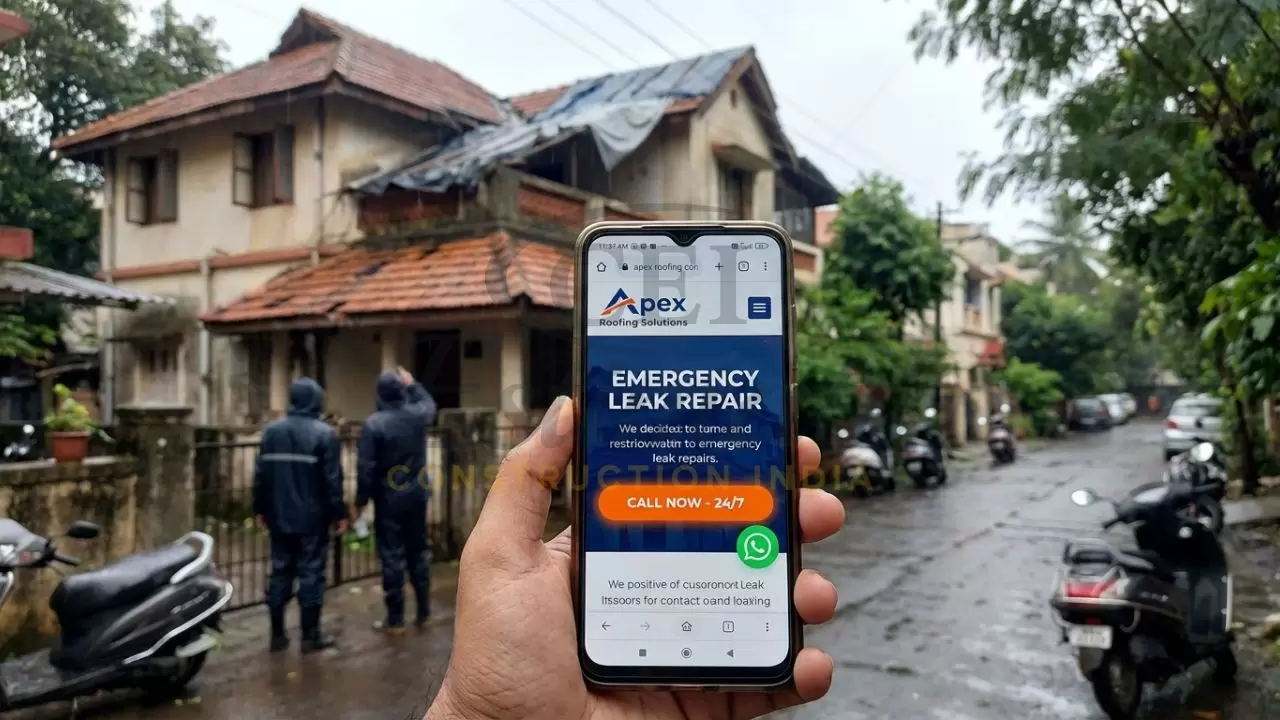 Mobile-friendly roofing website with emergency click-to-call and WhatsApp integration.
