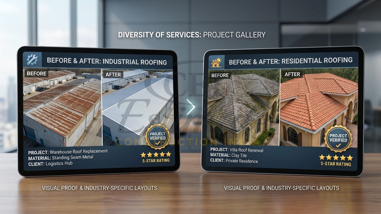 Digital gallery showing industrial and residential roofing projects for Indian contractors.