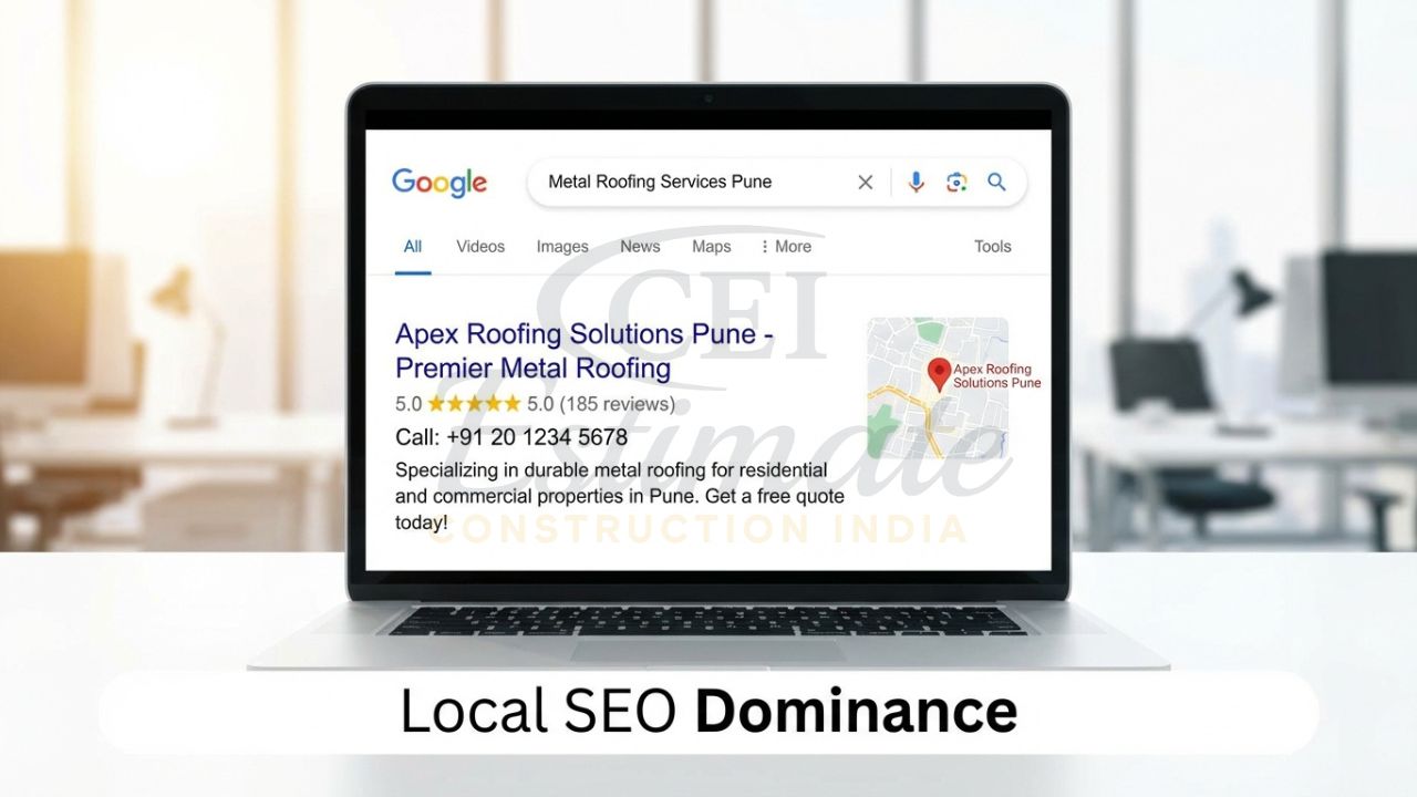 Google search results showing a roofing company ranking #1 for local Indian keywords.