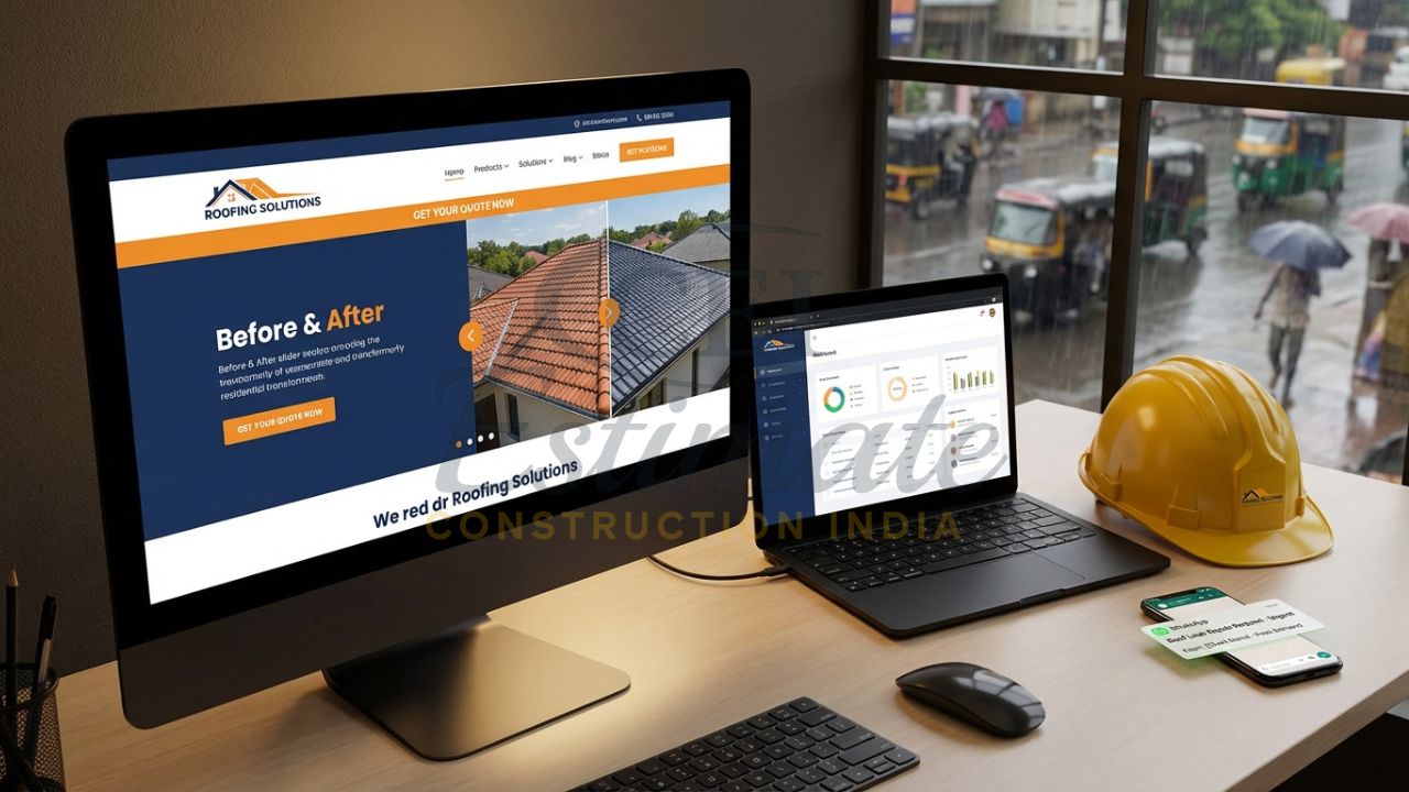 Professional roofing company website design in India featuring emergency quote forms and project galleries.